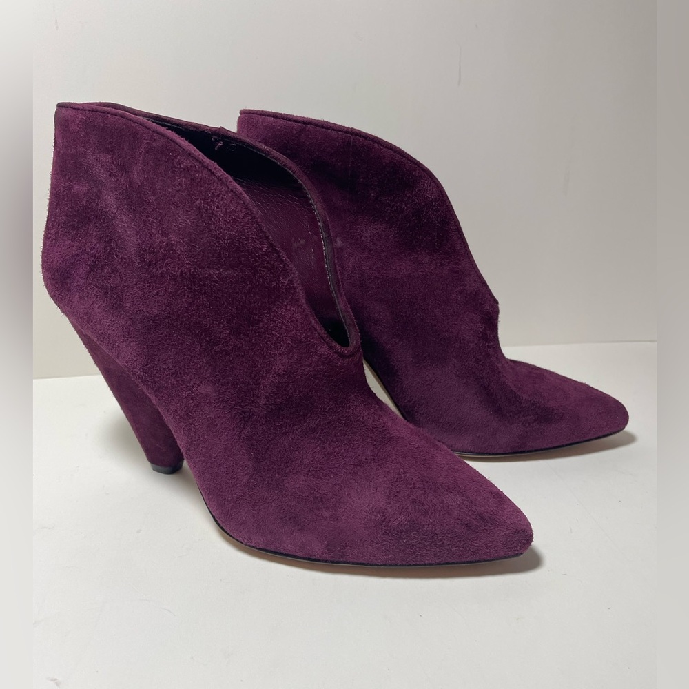 Vince Camuto Women Mitsen Plum Suede Leather Cone Heel Booties 8 M / 38-1/2